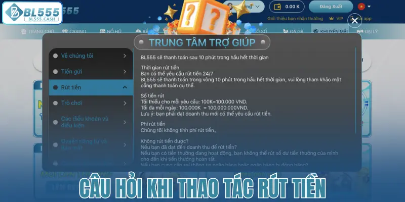 Câu hỏi khi thao tác rút tiền